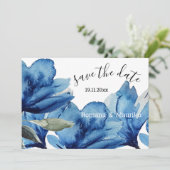 Indigo Floral Waterverf Handbeschilderd Save The Date (Staand voorkant)