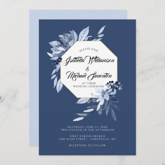 Indigo Garden Blue floral Wedding Invitation Kaart (Voorkant / Achterkant)