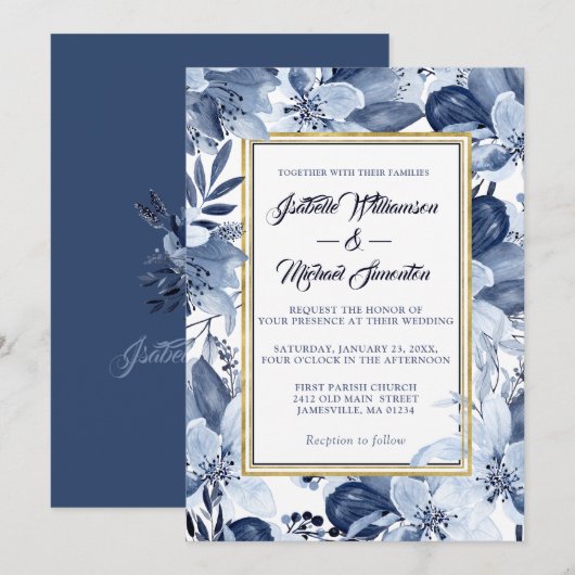 Indigo Garden met Gold Lijst Wedding Invitation Kaart (Voorkant / Achterkant)