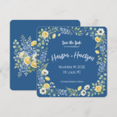 Indigo & Gele Bloem Bewaar de Datum Save The Date (Voorkant / Achterkant)