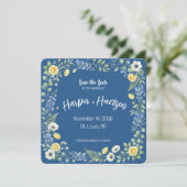 Indigo & Gele Bloem Bewaar de Datum Save The Date (Staand voorkant)