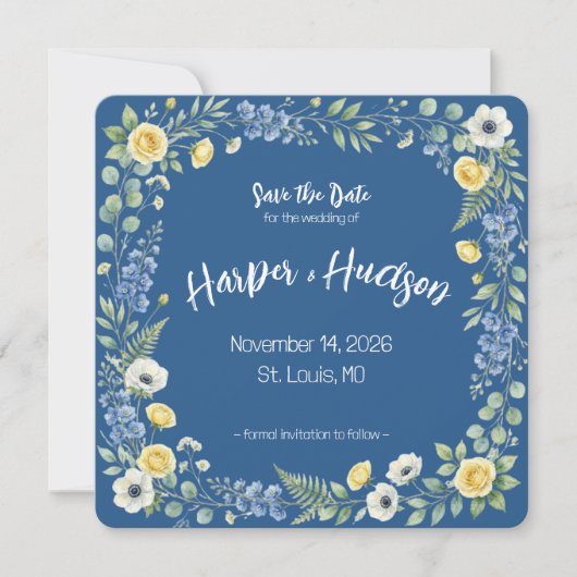 Indigo & Gele Bloem Bewaar de Datum Save The Date (Voorkant)