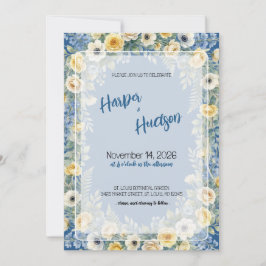 Indigo & Gele Bloem Bruiloftsinvatie Kaart