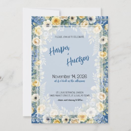 Indigo & Gele Bloem Bruiloftsinvatie Kaart (Voorkant)