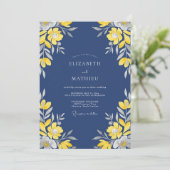 Indigo Gele Bloem Huwelijk Kaart (Staand voorkant)