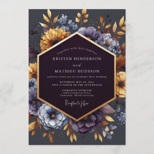 Indigo Gilded Bloom Wedding Kaart (Voorkant)