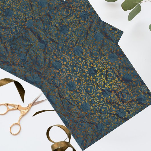 Indigo Gold Classic Elegant Damask Patroon Tissuepapier
