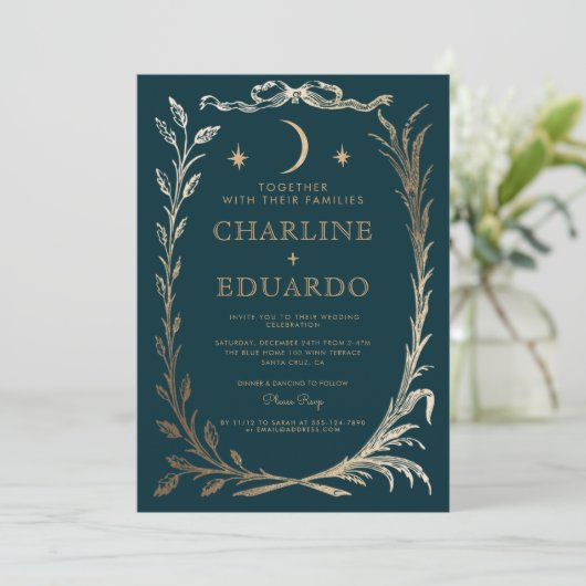 Indigo Gold Ivy Ornament bruiloft uitnodiging (Staand voorkant)