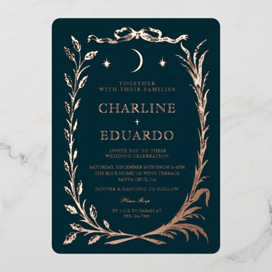 Indigo Gold Ivy Ornament  Wedding  Invitation Folie Uitnodiging (Voorkant)