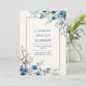 Indigo Gold Vein Ethereal Botanical Frame Wedding Kaart (Staand voorkant)