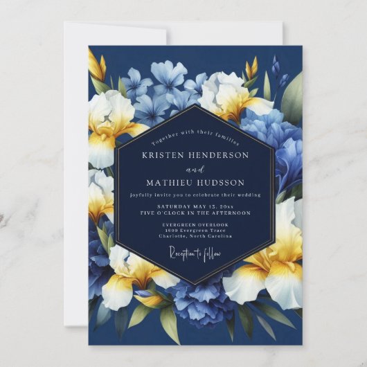 Indigo Golden Iris Bloom Wedding Kaart (Voorkant)