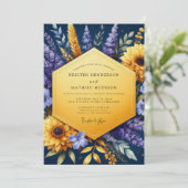 Indigo Golden Sunflower Wedding Kaart (Staand voorkant)