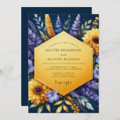 Indigo Golden Sunflower Wedding Kaart (Voorkant / Achterkant)