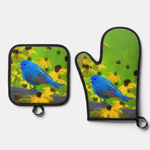 Indigo Gors op hek Schilderij Originele Vogelkunst Ovenwant & Pannenlap Set