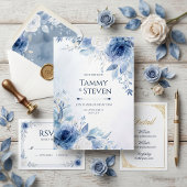 Indigo Goud Ader Waterverf Rozen Rand Bruiloft Kaart
