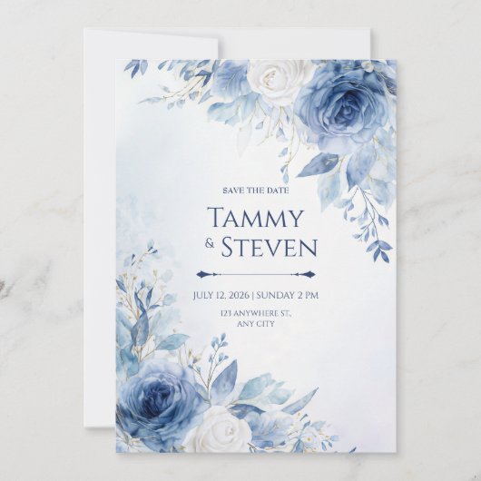 Indigo Goud Ader Waterverf Rozen Rand Bruiloft Kaart (Voorkant)