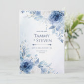 Indigo Goud Ader Waterverf Rozen Rand Bruiloft Kaart (Staand voorkant)