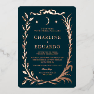 Indigo Goud Klimop Ornament Huwelijks Uitnodiging