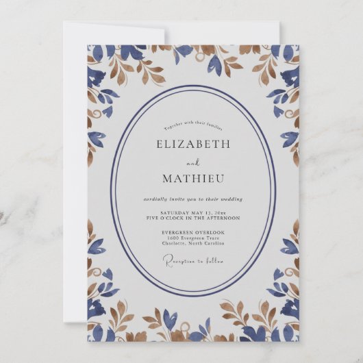 Indigo Goud Tak Eucalyptus Bruiloft Kaart (Voorkant)