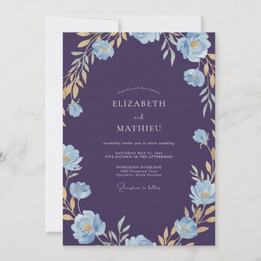 Indigo Gouden Wilde Bloemen Bruiloft Kaart (Voorkant)