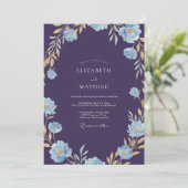 Indigo Gouden Wilde Bloemen Bruiloft Kaart (Staand voorkant)