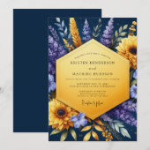 Indigo Gouden Zonnebloem Bruiloft Kaart (Voorkant / Achterkant)