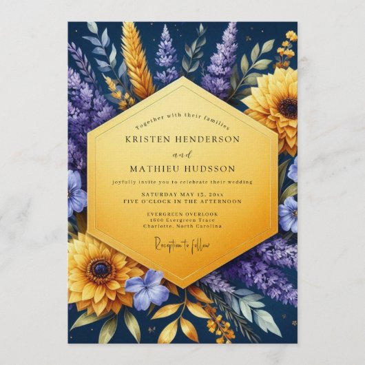 Indigo Gouden Zonnebloem Bruiloft Kaart (Voorkant)