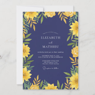 Indigo Gouden Zonnebloem Eucalyptus Bruiloft Kaart
