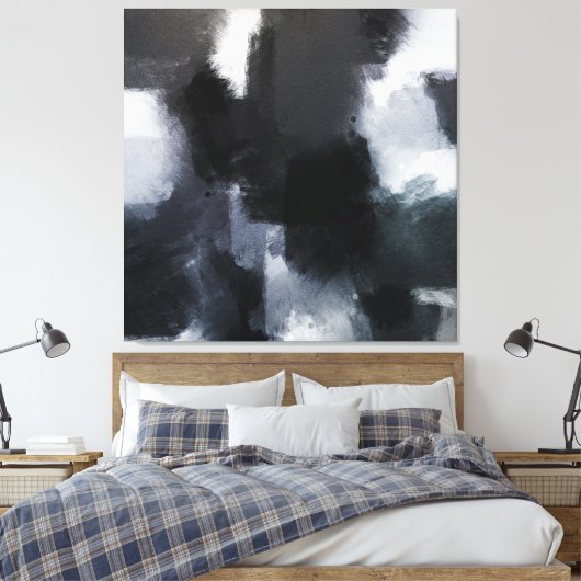 Indigo Gray Black Modern Abstracte penseelstreken Canvas Afdruk (Insitu (Slaapkamer))