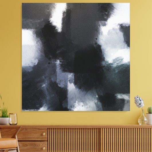 Indigo Gray Black Modern Abstracte penseelstreken Canvas Afdruk (Insitu (Woonkamer))