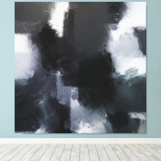 Indigo Gray Black Modern Abstracte penseelstreken Canvas Afdruk (Insitu (Houten vloer))