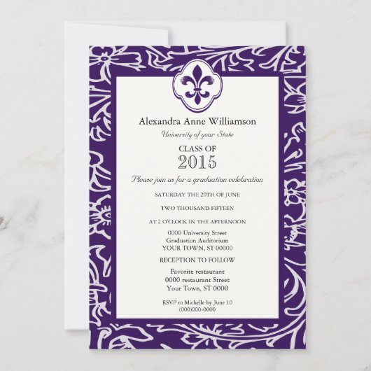 Indigo Gray Fleur de Lis Floral Formal Afstuderen Kaart (Voorkant)
