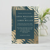 Indigo Groen Goud Tropische Palm Bladeren Huwelijk Kaart (Staand voorkant)