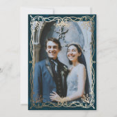 Indigo hemelse middeleeuwse gouden klimop bruiloft kaart (Achterkant)