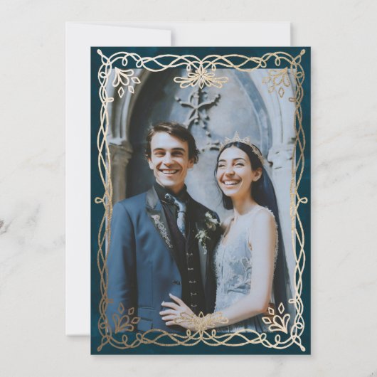 Indigo hemelse middeleeuwse gouden klimop bruiloft kaart (Achterkant)