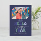 Indigo Horizon Hello New Year Blue Retro Photo Feestdagenkaart (Staand voorkant)