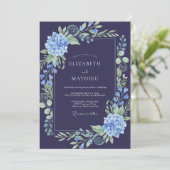 Indigo Hortensia Bladrijke Bruiloft Kaart (Staand voorkant)
