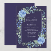 Indigo Hortensia Bladrijke Bruiloft Kaart (Voorkant / Achterkant)