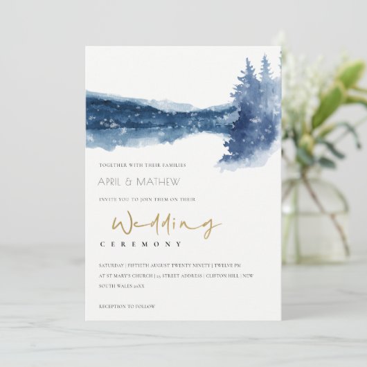 INDIGO INK BLAUWE MOUNTAIN LAKE SNEEUWWEDDING INVI BEDANKKAART (Staand voorkant)