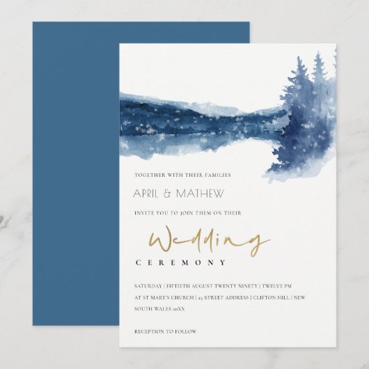 INDIGO INK BLAUWE MOUNTAIN LAKE SNEEUWWEDDING INVI BEDANKKAART (Voorkant / Achterkant)