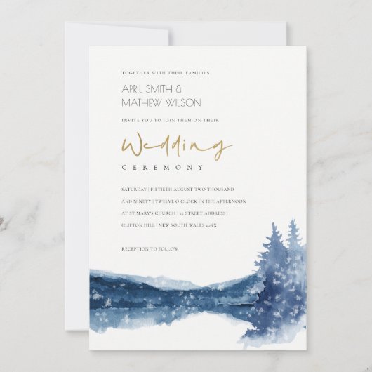 INDIGO INK BLAUWE MOUNTAIN LAKE SNEEUWWEDDING INVI BEDANKKAART (Voorkant)