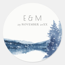 INDIGO INK BLUE MOUNTAIN LAKE MONOGRAM WEDING RONDE STICKER