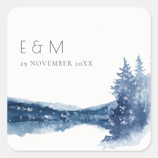 INDIGO INK BLUE MOUNTAIN LAKE MONOGRAM WEDING VIERKANTE STICKER (Voorkant)