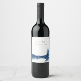 INDIGO INK BLUE MOUNTAIN LAKE MONOGRAM WEDING WIJN ETIKET