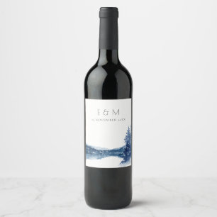 INDIGO INK BLUE MOUNTAIN LAKE MONOGRAM WEDING WIJN ETIKET