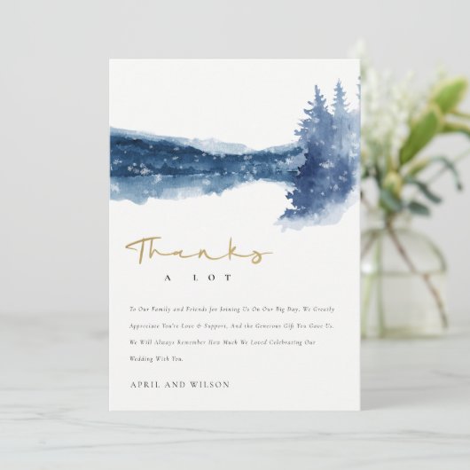 INDIGO INK BLUE MOUNTAIN LAKE PINE SNEEUWWEDING BEDANKKAART (Staand voorkant)