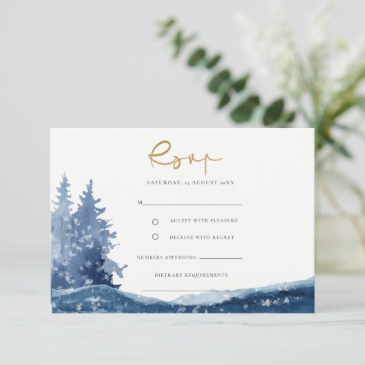 INDIGO INK BLUE MOUNTAIN LAKE SNEWEDDING RSVP INFORMATIEKAARTJE (Staand voorkant)