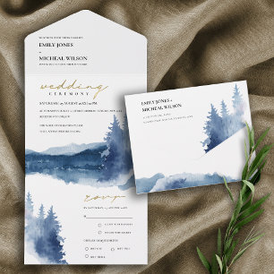 INDIGO INK BLUE MOUNTAINS PINE WATERVERF WEDDING ALL IN ONE UITNODIGING