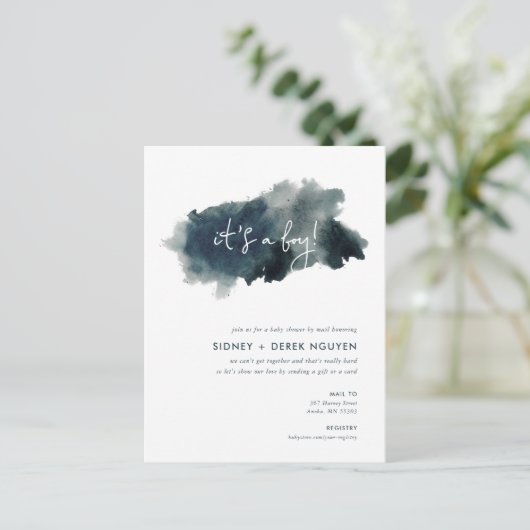 Indigo Ink Wash Boy Baby shower per Mail Invitatio Feestdagenkaart (Staand voorkant)