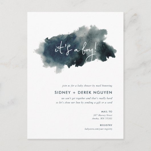 Indigo Ink Wash Boy Baby shower per Mail Invitatio Feestdagenkaart (Voorkant)